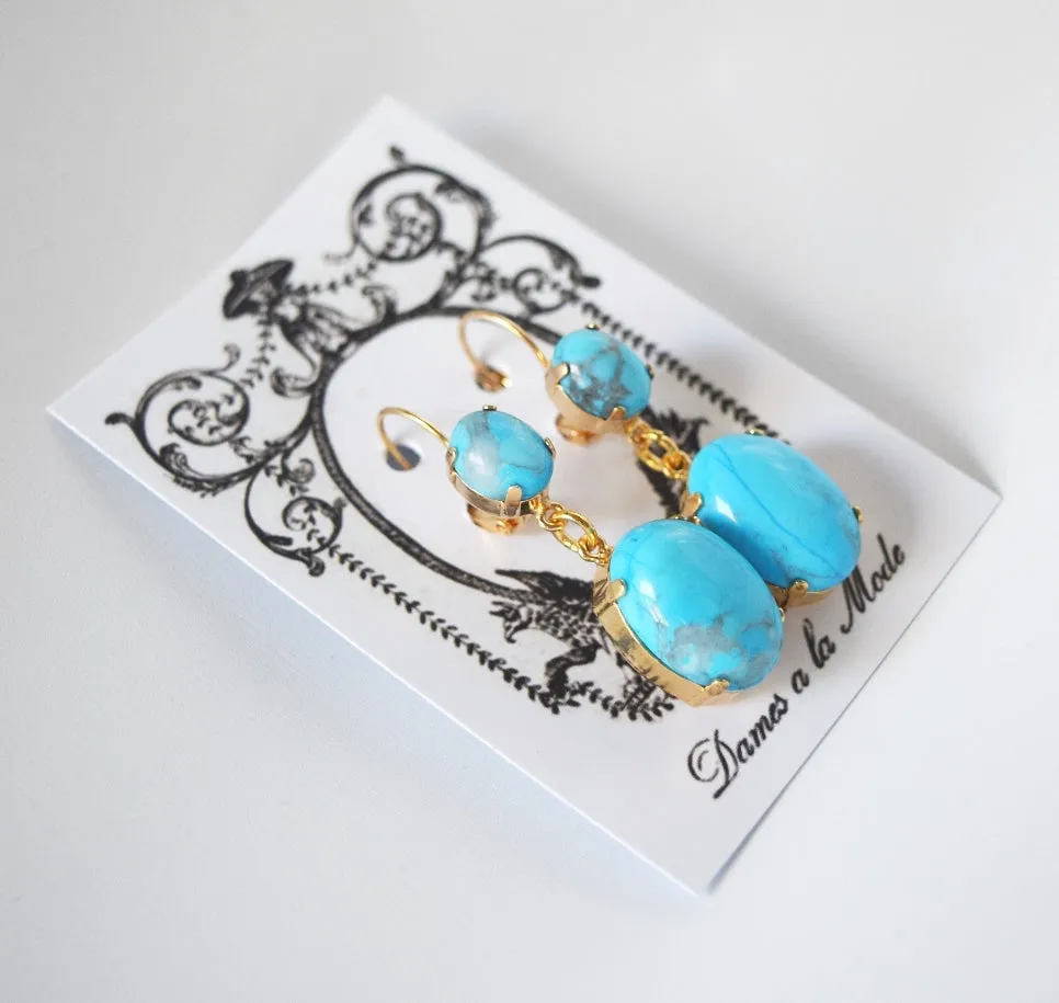 Glass Turquoise 2-stone Earrings - Small and Large Ovals