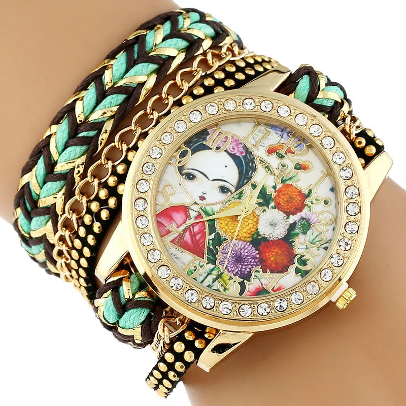 Gnova Platinum TOP Large Strap BIG Dial Ethnic mexican Frida Carnation flowers Fashion woman wristwatch chain Bracelet watch