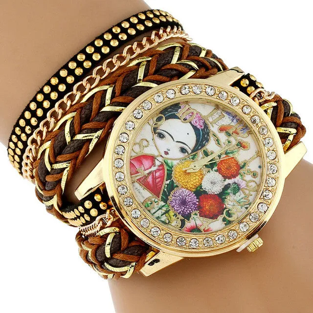 Gnova Platinum TOP Large Strap BIG Dial Ethnic mexican Frida Carnation flowers Fashion woman wristwatch chain Bracelet watch