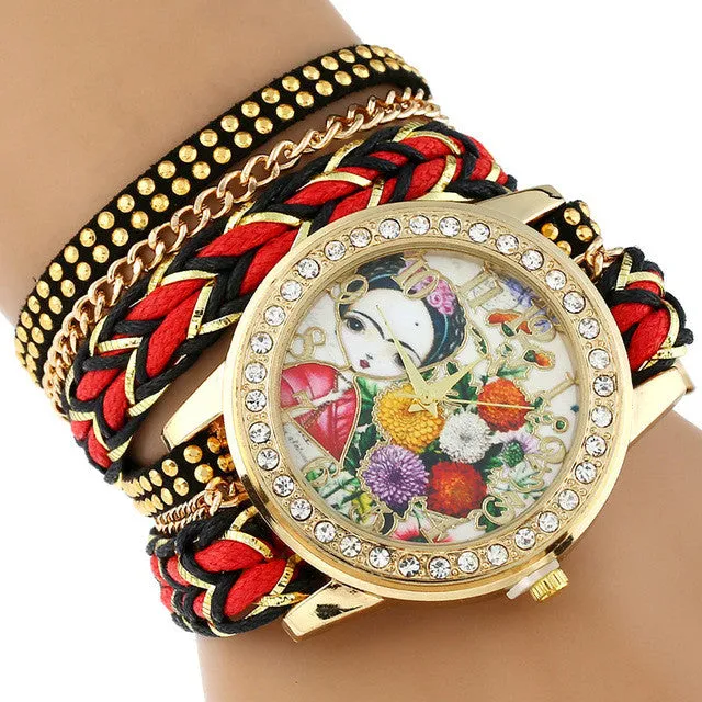 Gnova Platinum TOP Large Strap BIG Dial Ethnic mexican Frida Carnation flowers Fashion woman wristwatch chain Bracelet watch