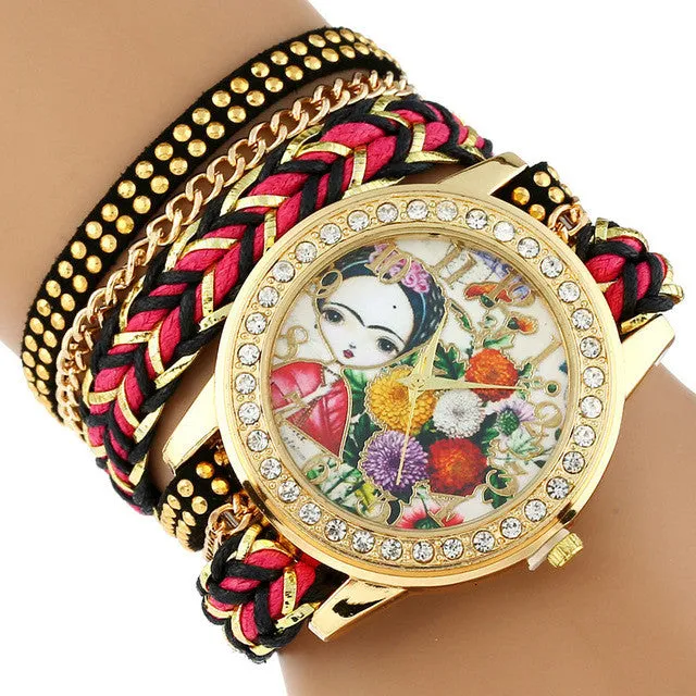 Gnova Platinum TOP Large Strap BIG Dial Ethnic mexican Frida Carnation flowers Fashion woman wristwatch chain Bracelet watch