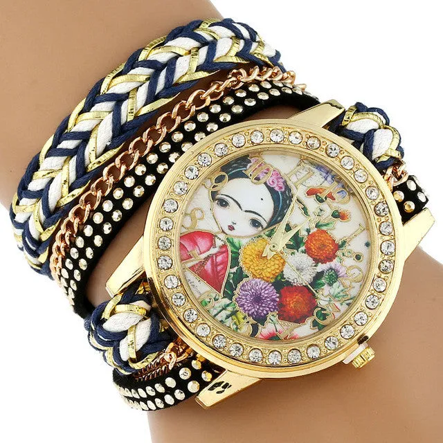 Gnova Platinum TOP Large Strap BIG Dial Ethnic mexican Frida Carnation flowers Fashion woman wristwatch chain Bracelet watch