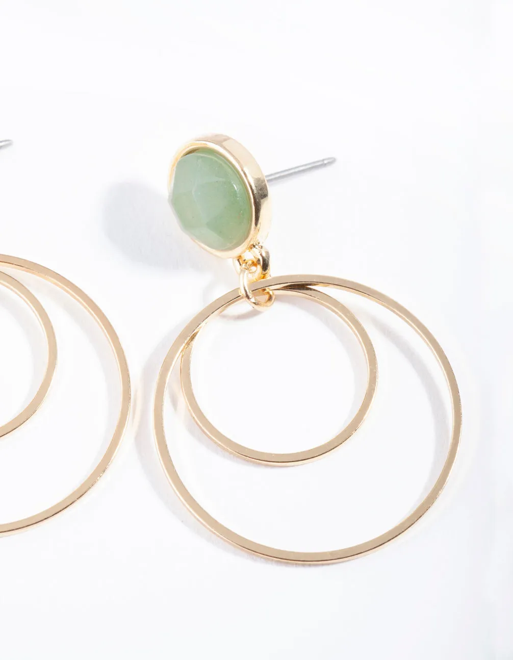 Gold Jade Stone Stud Double Drop Earrings