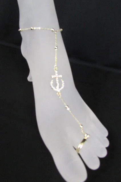 Gold Metal Toe Foot Chains Ring Anklet Big Anchor Nautical Charm Rhinestones