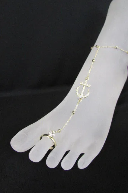 Gold Metal Toe Foot Chains Ring Anklet Big Anchor Nautical Charm Rhinestones