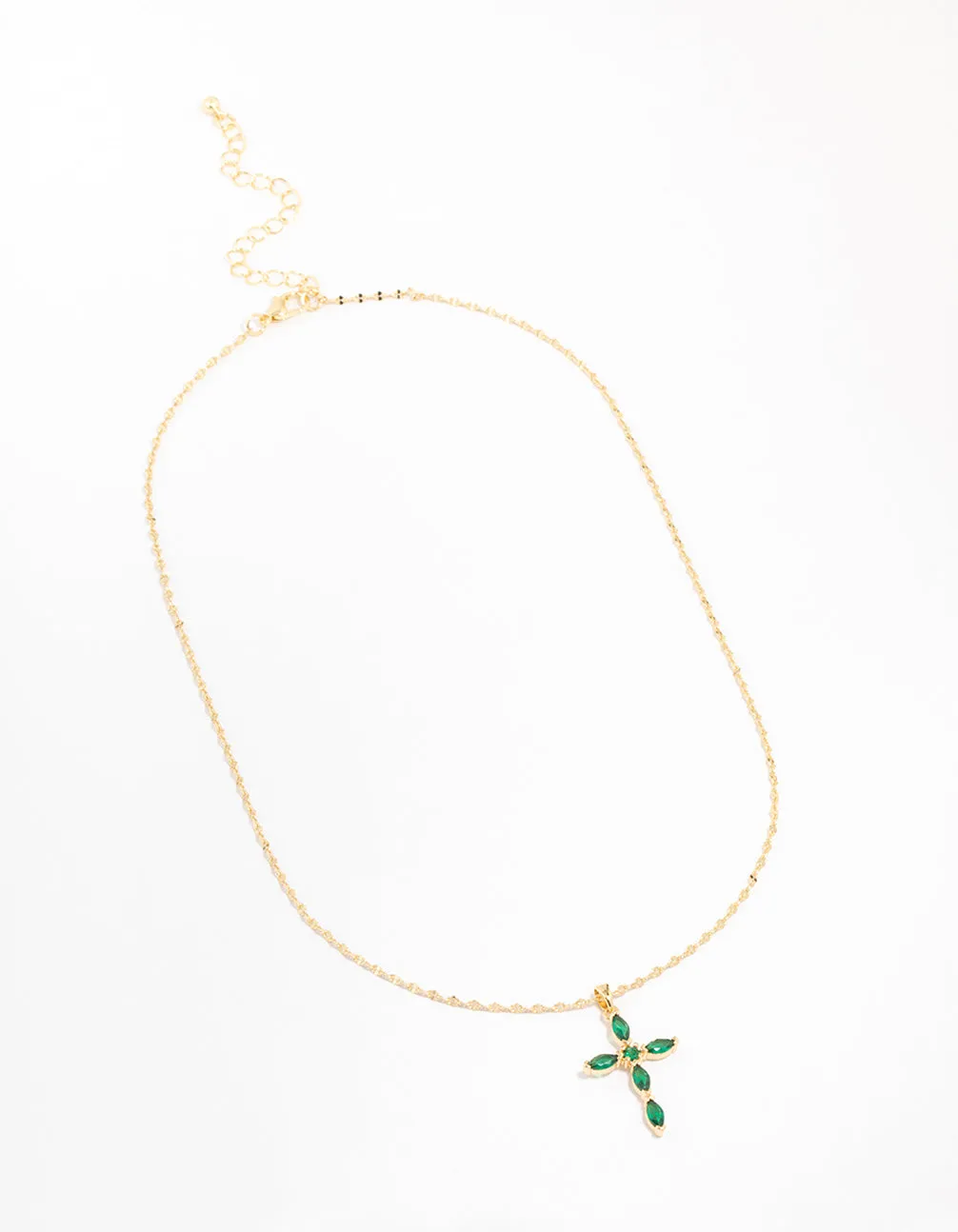 Gold Plated Cubic Zirconia Emerald Marquise Cross Necklace