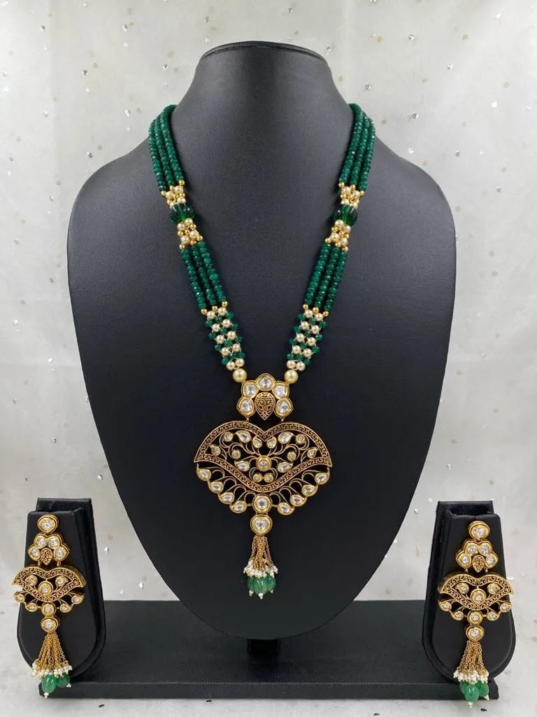 Gold Toned Wedding Antique Kundan Pendant Long Necklace Set For Woman