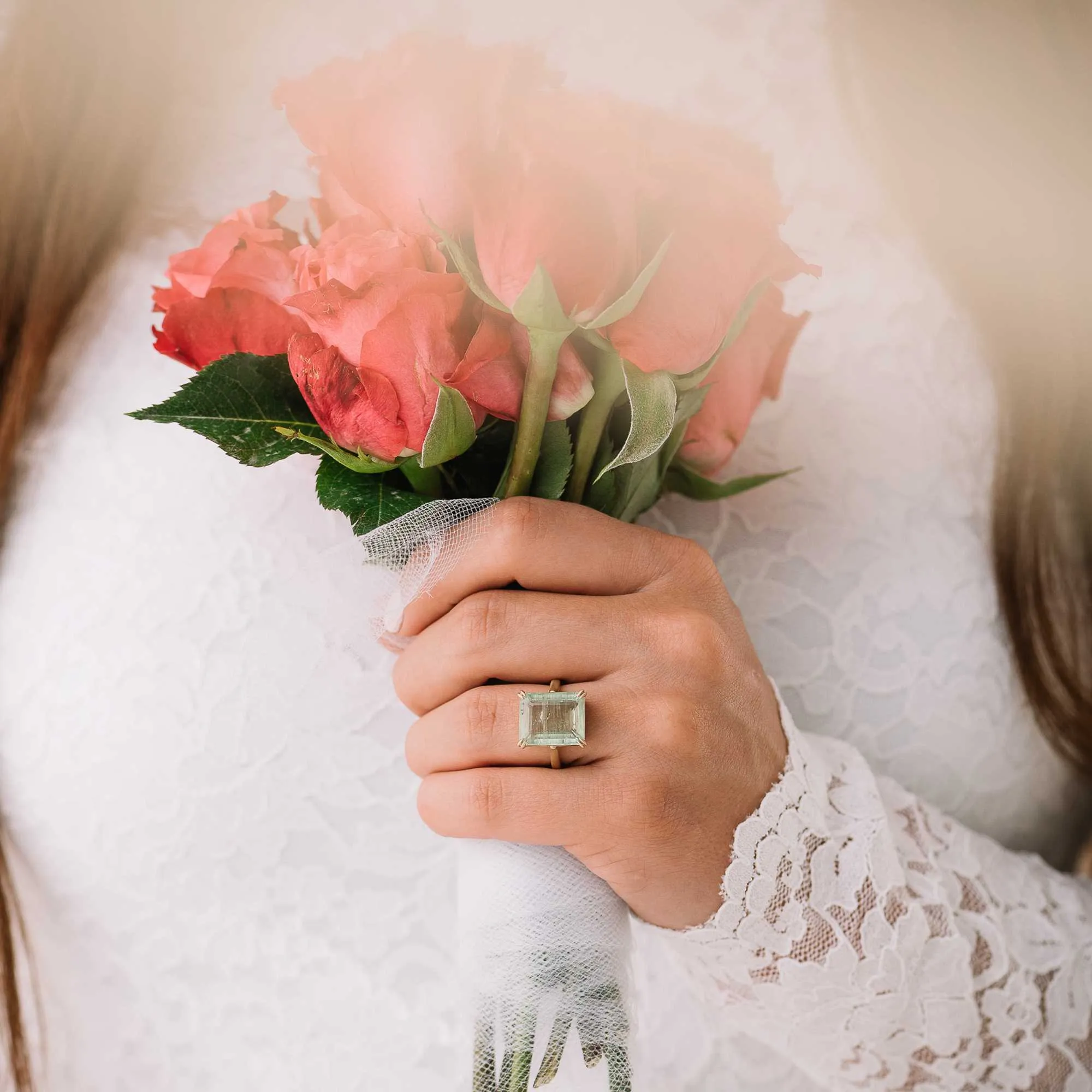 Green Aquamarine Emerald-Cut Statement Ring in 14k Gold