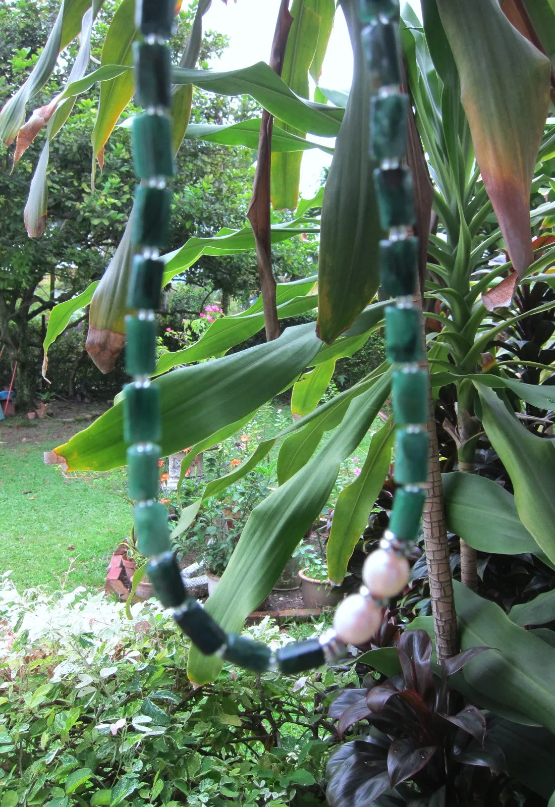 Green Emerald, Tourmaline and Baroque Freshwater Pearl Necklace in Stainless Silver Findings