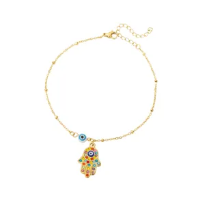 Hamsa Hand Anklet w/ Colored Zircons