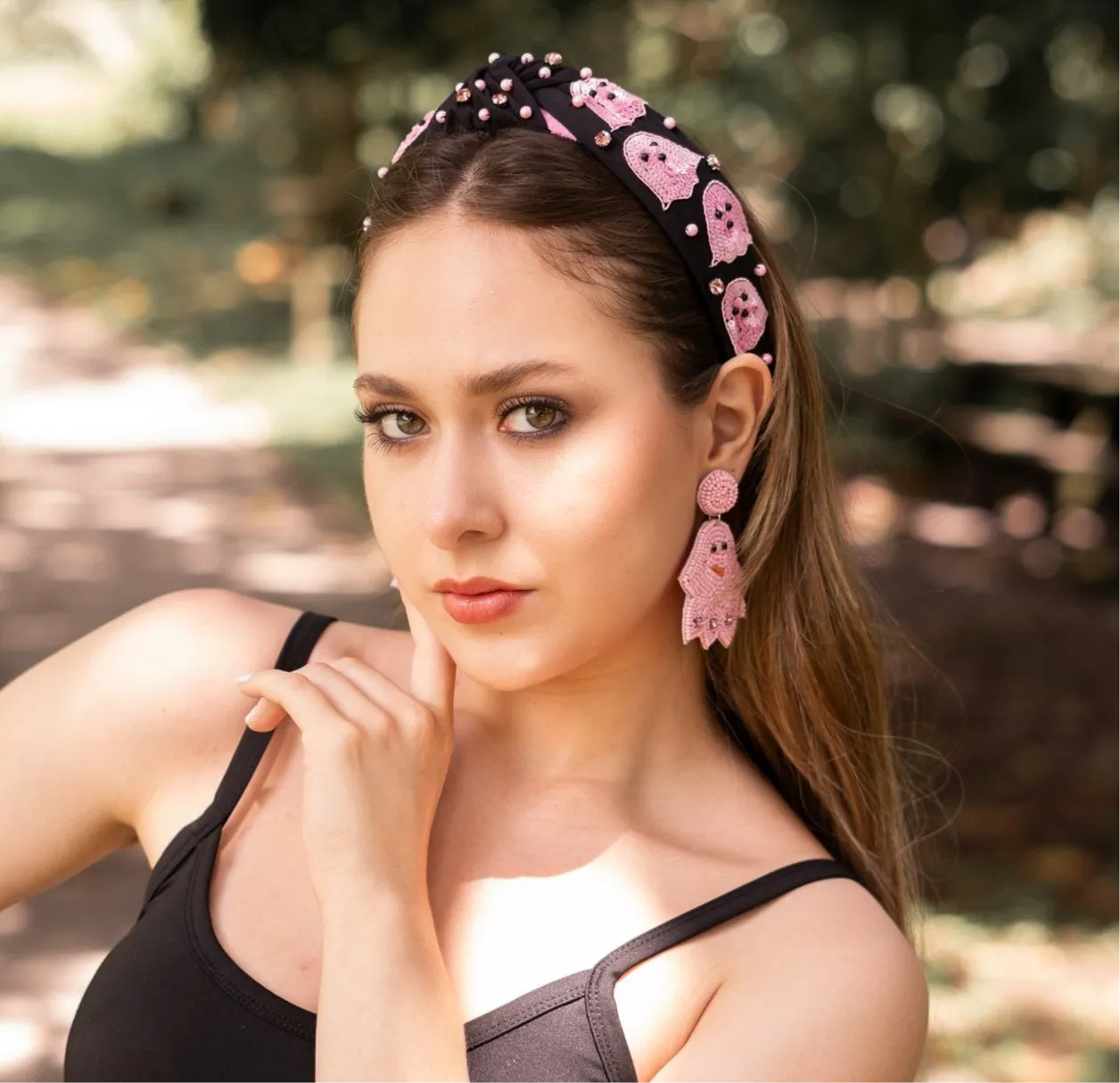 Hand Beaded Pink Ghosts Knot Headband