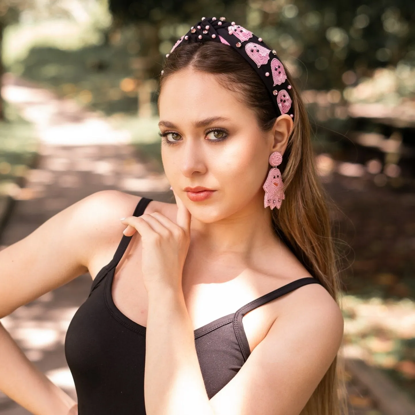 Hand Beaded Pink Ghosts Knot Headband