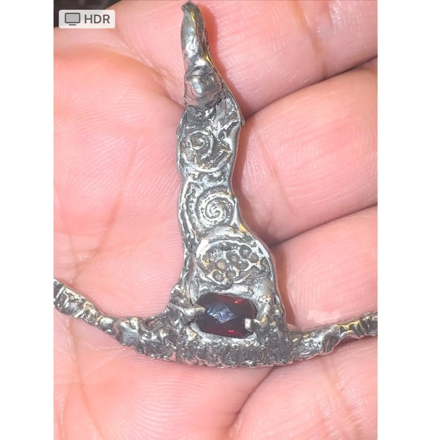 Hand Crafted Silver Blend Witches Hat With Garnet & Adjustable Leather Necklace