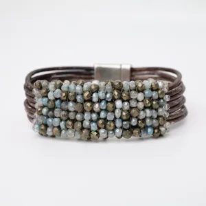 Hand Stitched Aqua Moonstone & Pyrite Leather Bracelet