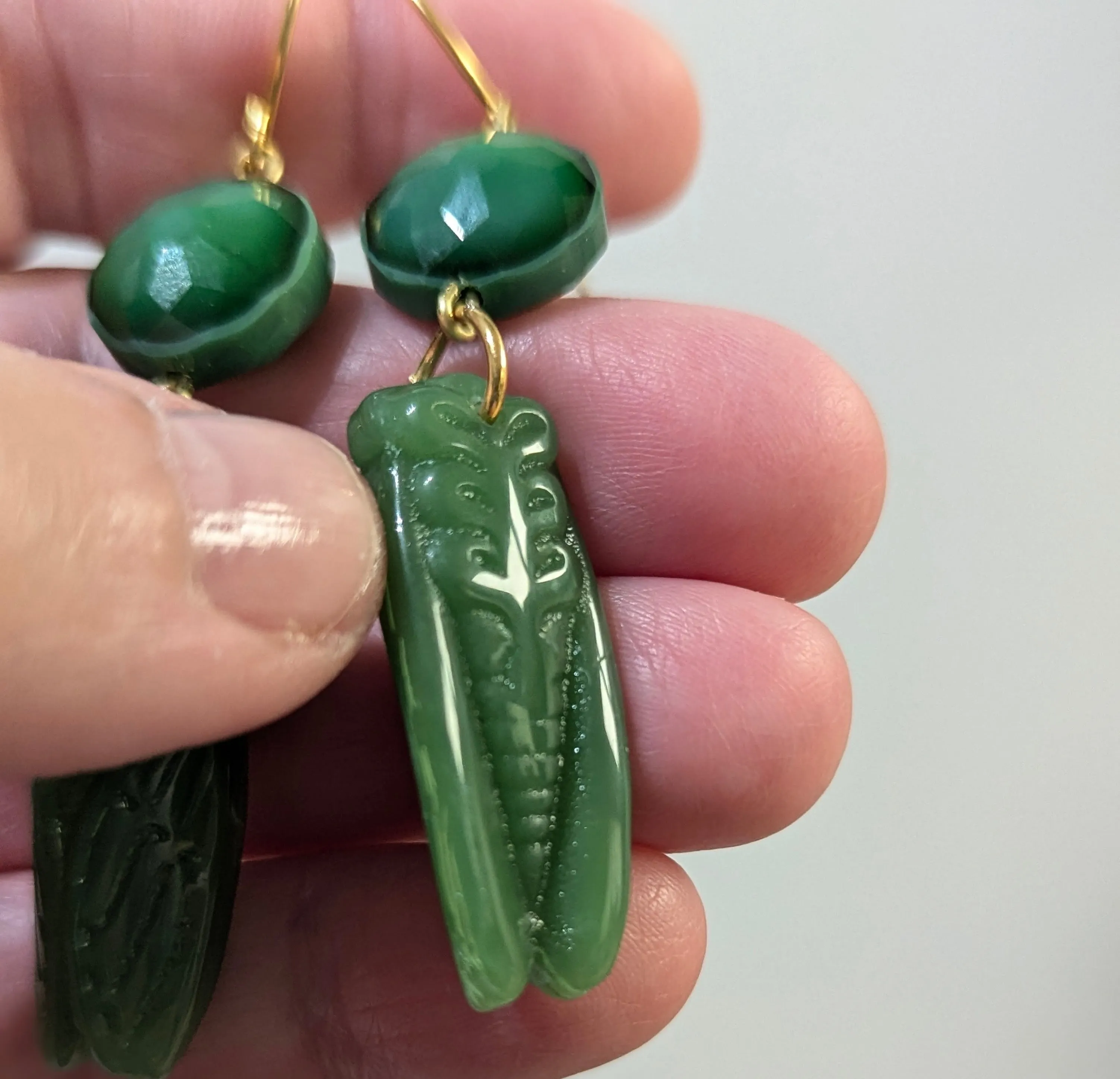 Handmade Jade-Colored Green Cicada Earrings with Gold-Plated Hooks - Designed by Award-Winning Artist Sugar Gay Isber