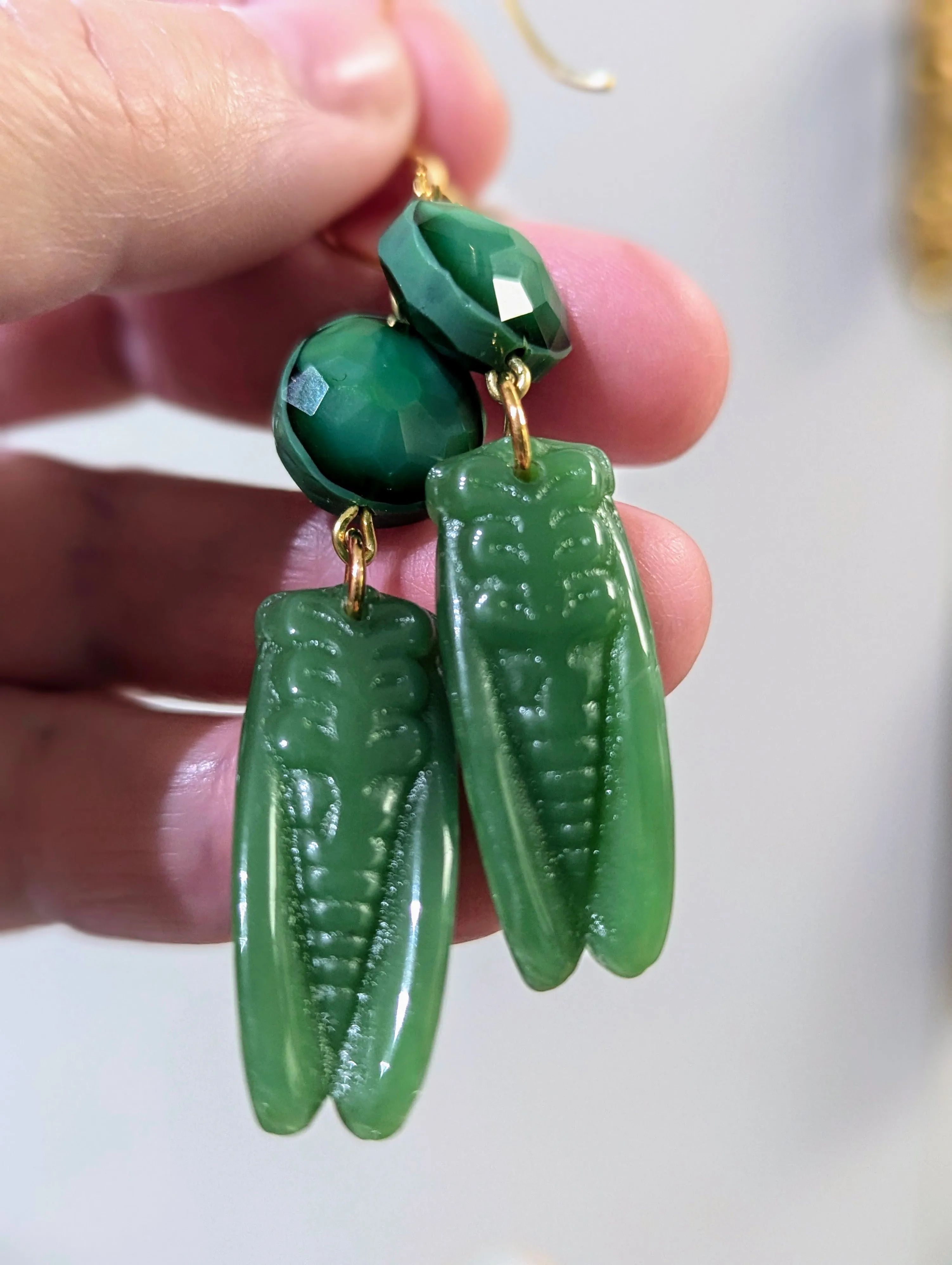 Handmade Jade-Colored Green Cicada Earrings with Gold-Plated Hooks - Designed by Award-Winning Artist Sugar Gay Isber