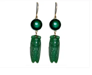 Handmade Jade-Colored Green Cicada Earrings with Gold-Plated Hooks - Designed by Award-Winning Artist Sugar Gay Isber