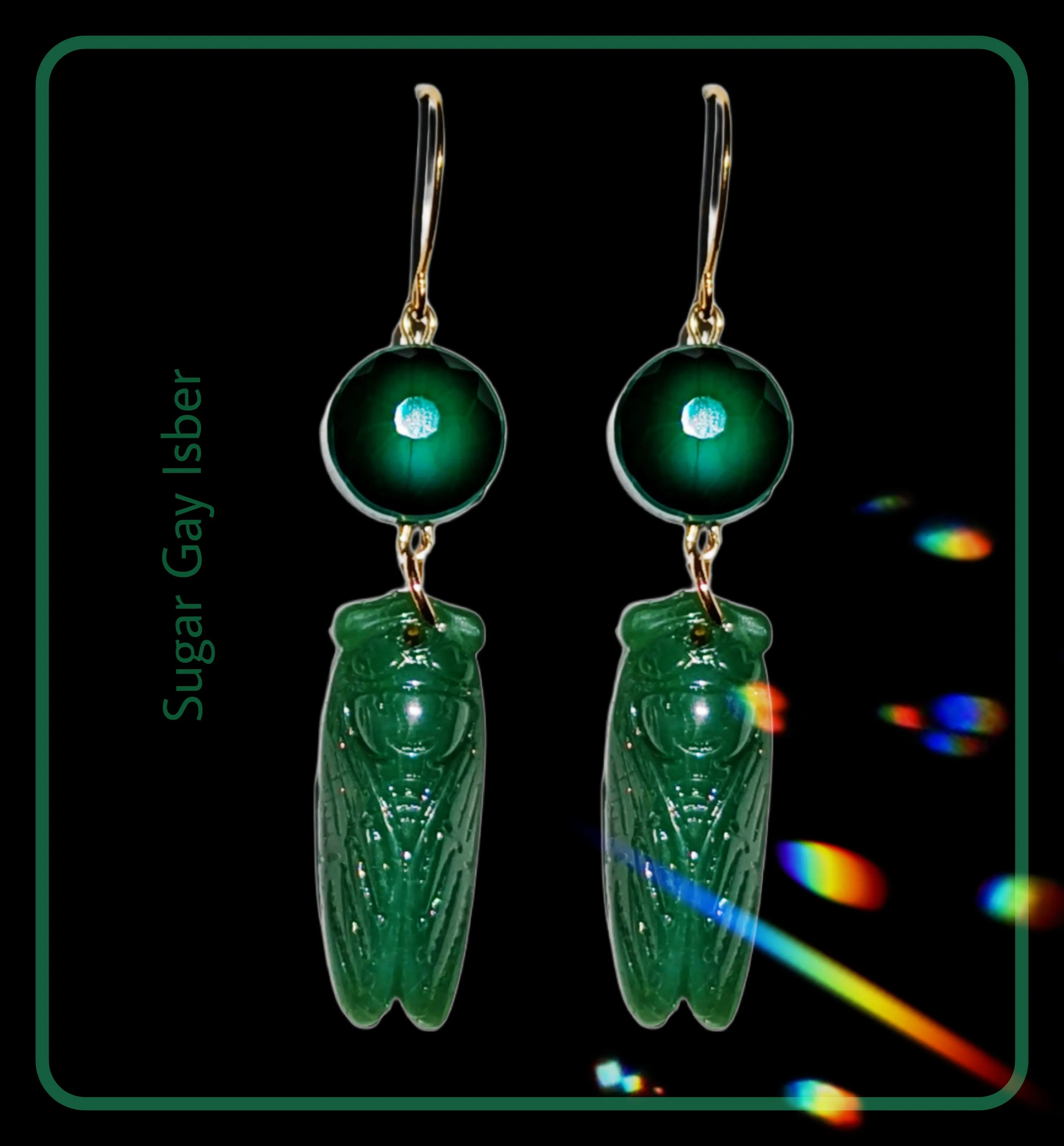 Handmade Jade-Colored Green Cicada Earrings with Gold-Plated Hooks - Designed by Award-Winning Artist Sugar Gay Isber