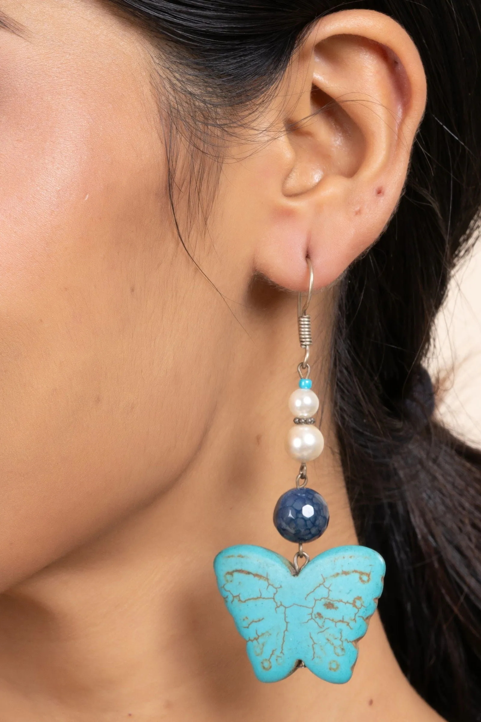 Handmade Semi Precious Blue Turquoise, Onyx & Pearl Butterfly Earrings for Women, Elegant Style