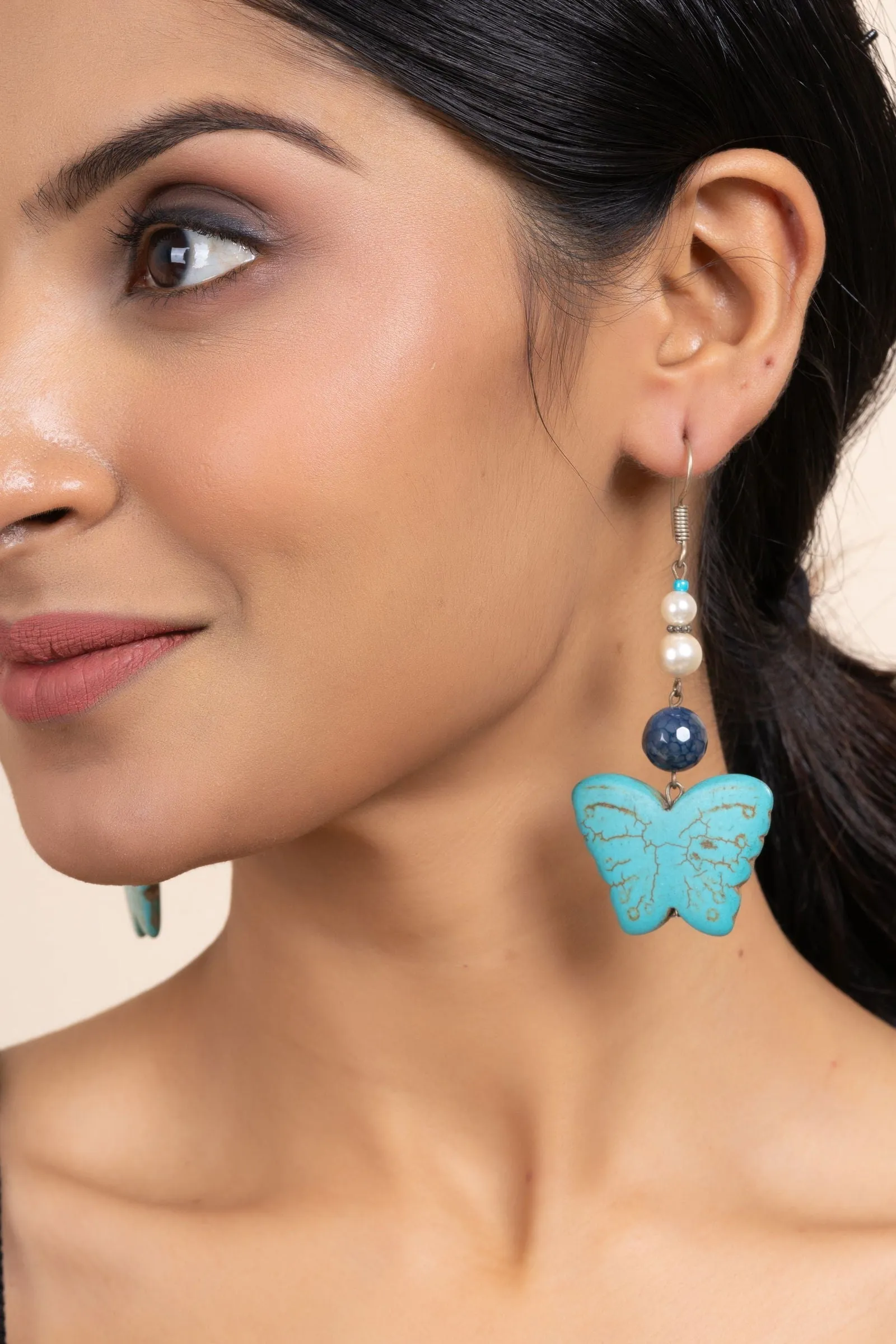 Handmade Semi Precious Blue Turquoise, Onyx & Pearl Butterfly Earrings for Women, Elegant Style