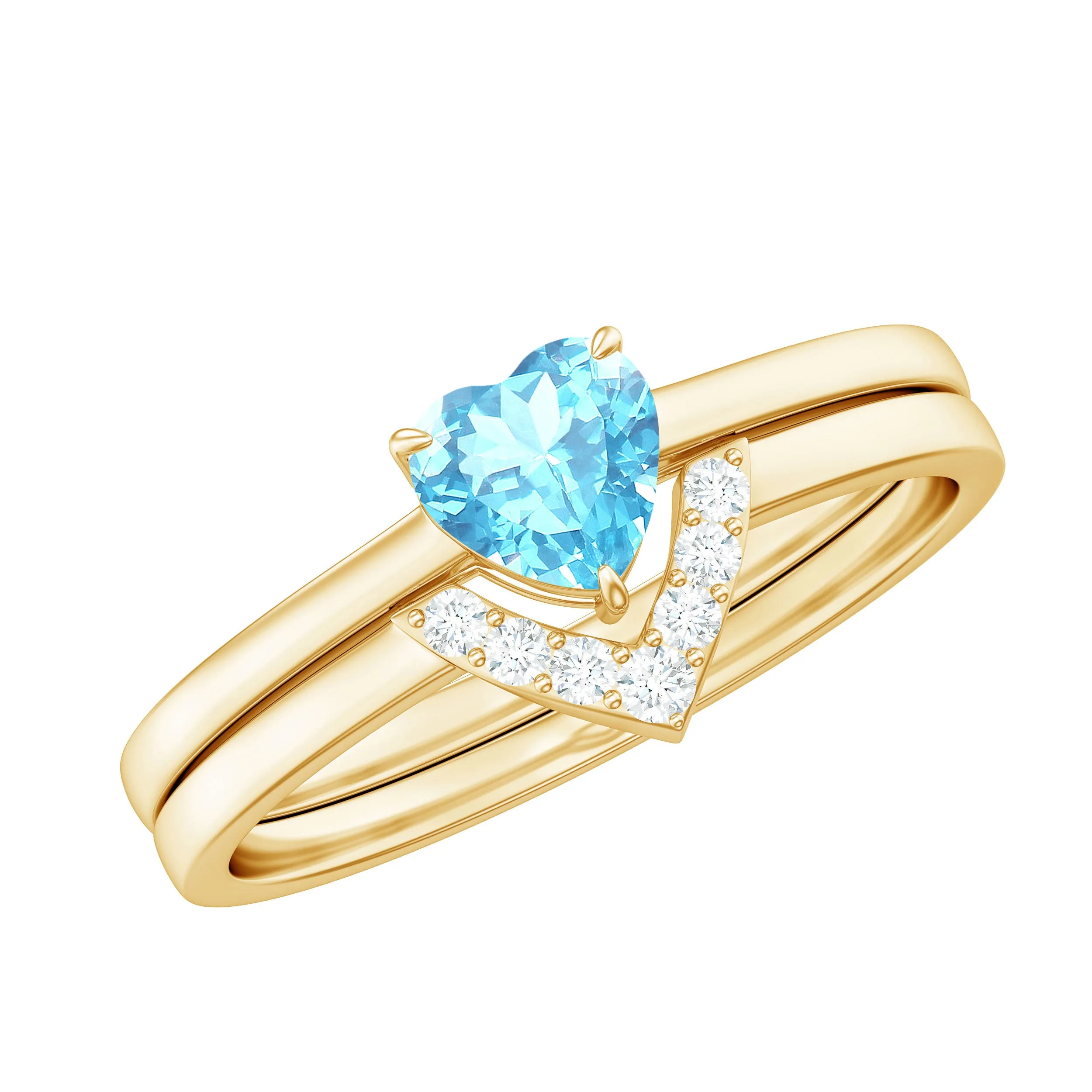 Heart Aquamarine and Diamond Stackable Ring Set