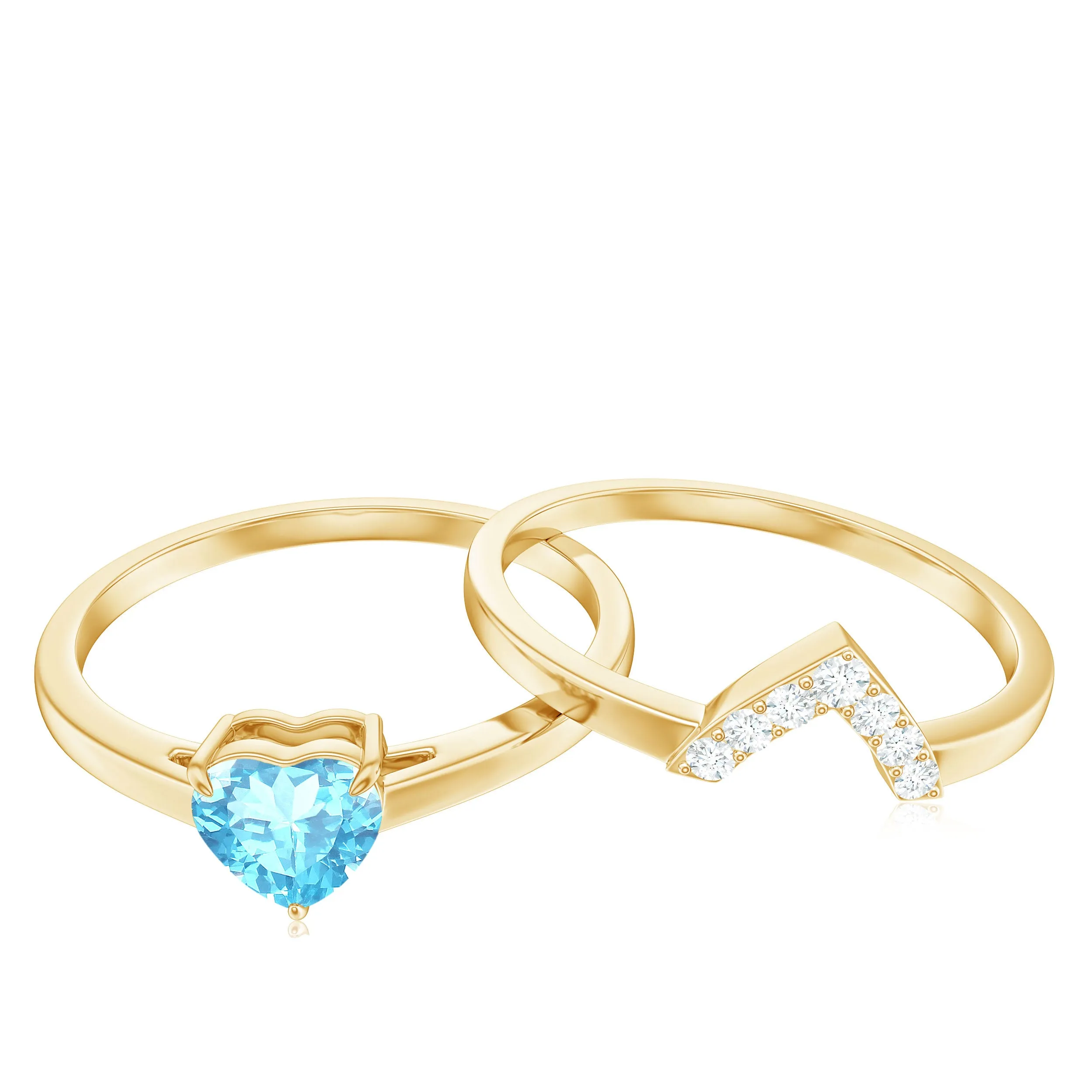 Heart Aquamarine and Diamond Stackable Ring Set