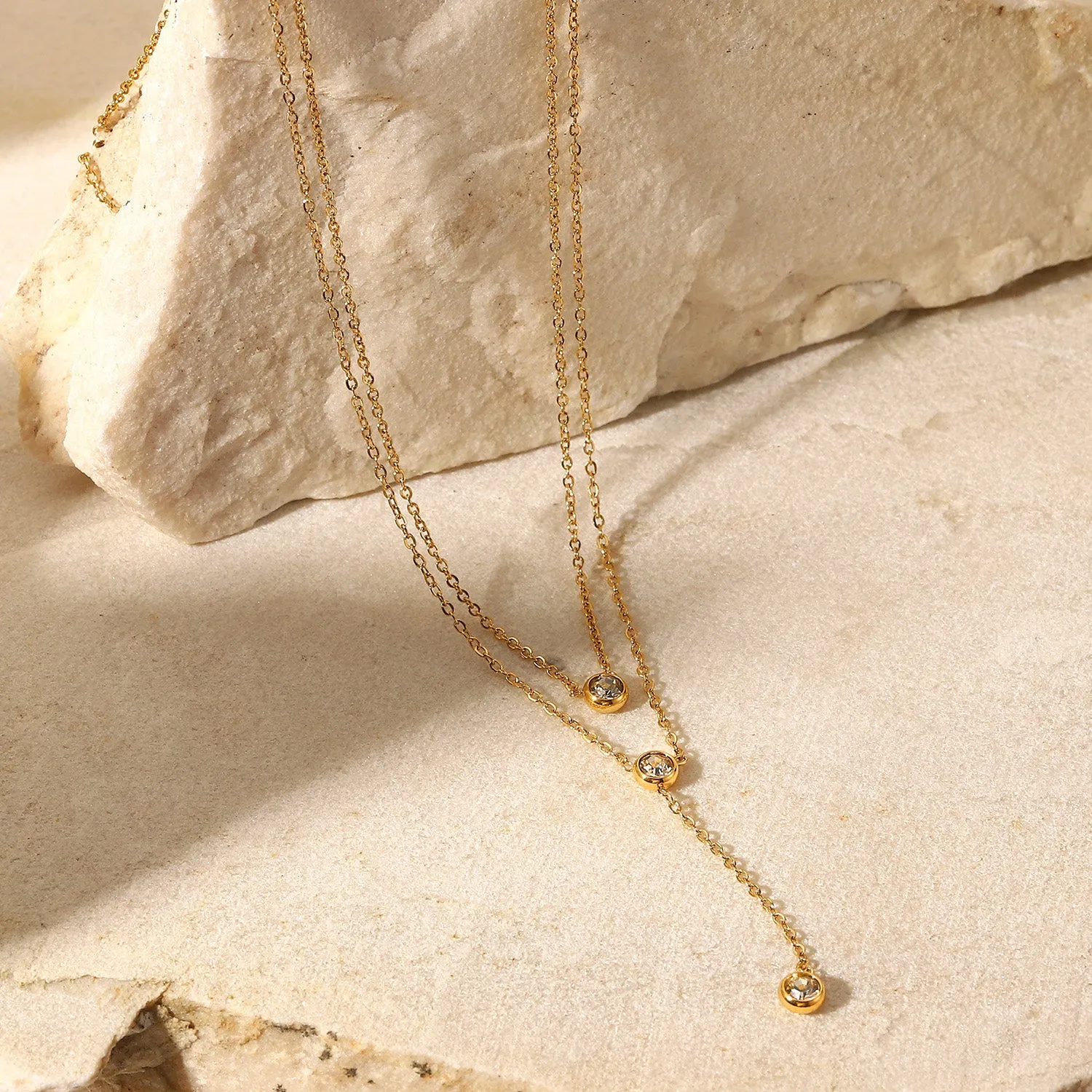 HGA Stainless Steel Zircon Double-Layered Gold Necklace