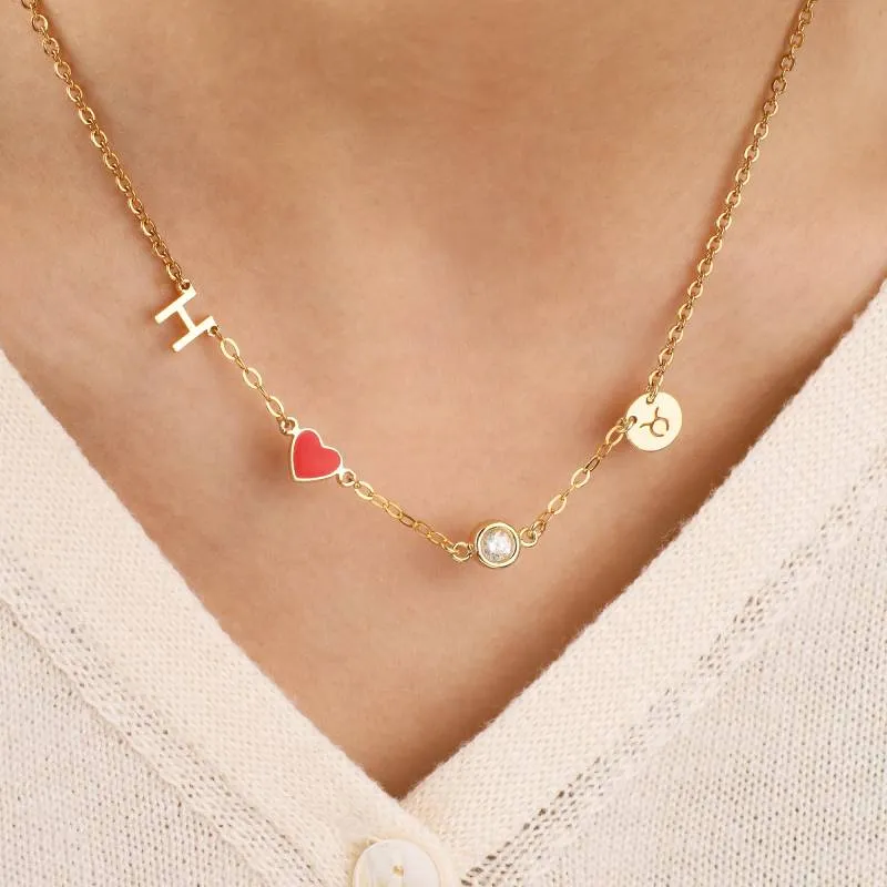 Initial Heart Necklace with Diamond and Zodiac Accent