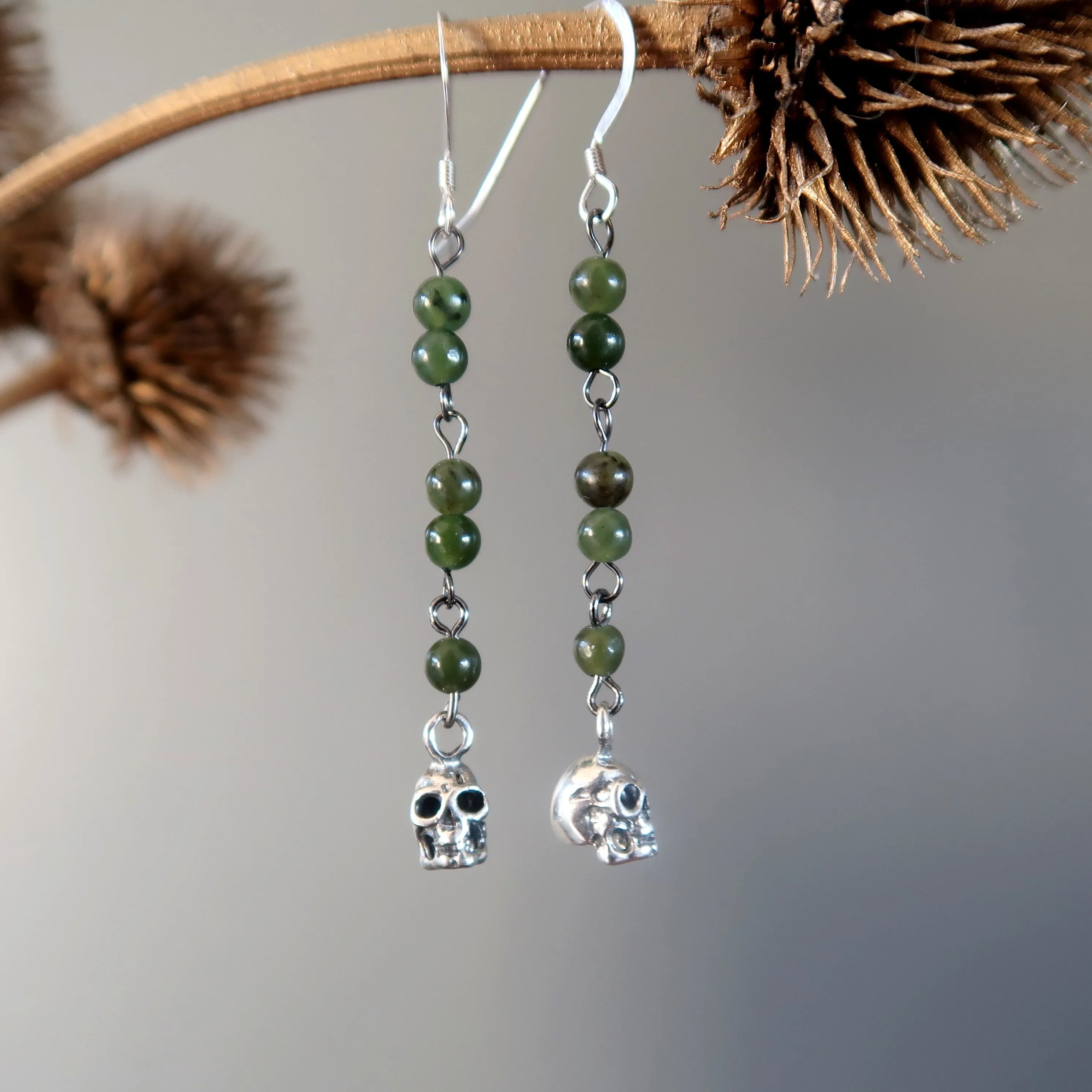 Jade Earrings Lucky in Life Skull Nephrite Green Gems