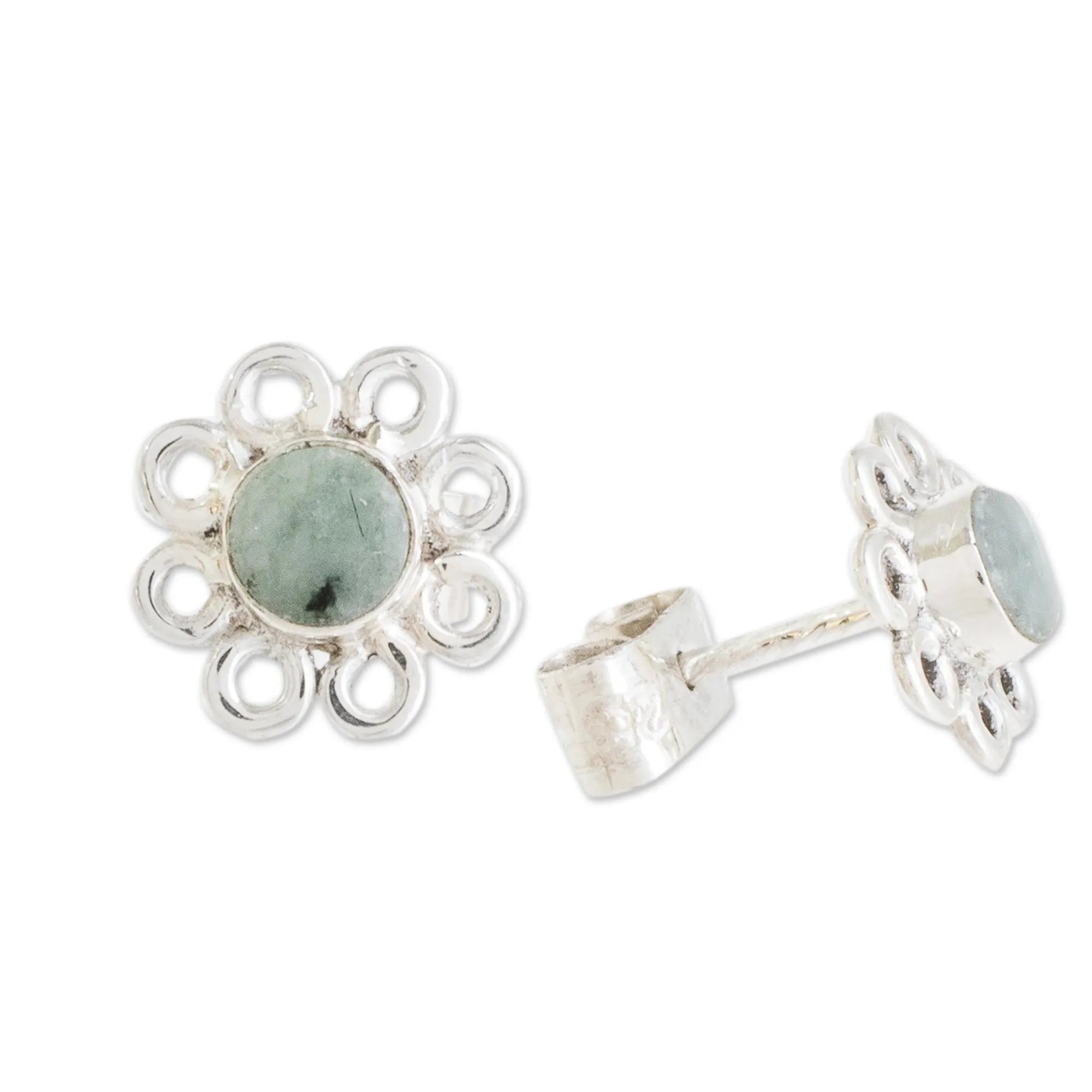 Jade Stud Earrings with Floral Motifs from Guatemala - Apple Daisies | NOVICA