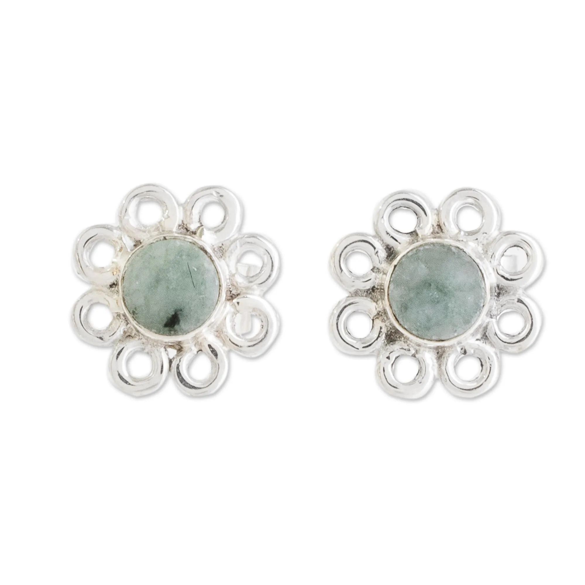 Jade Stud Earrings with Floral Motifs from Guatemala - Apple Daisies | NOVICA