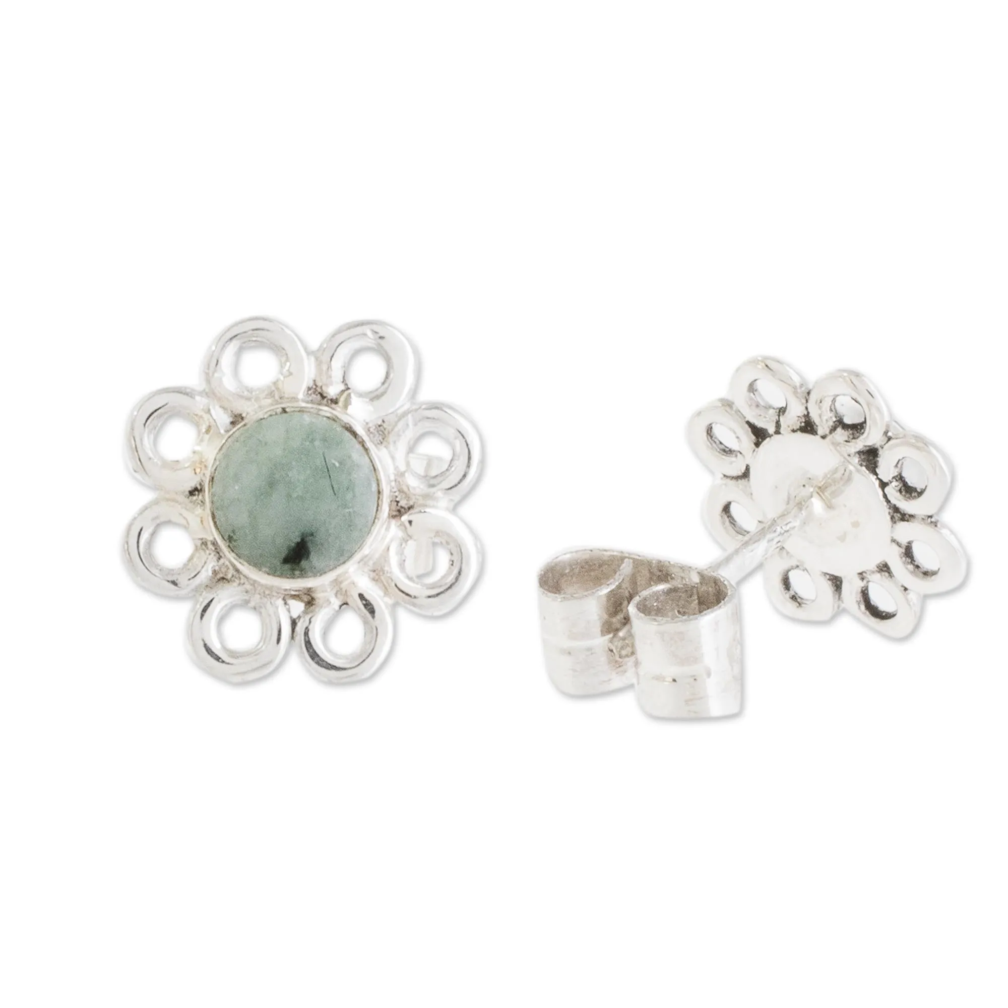 Jade Stud Earrings with Floral Motifs from Guatemala - Apple Daisies | NOVICA