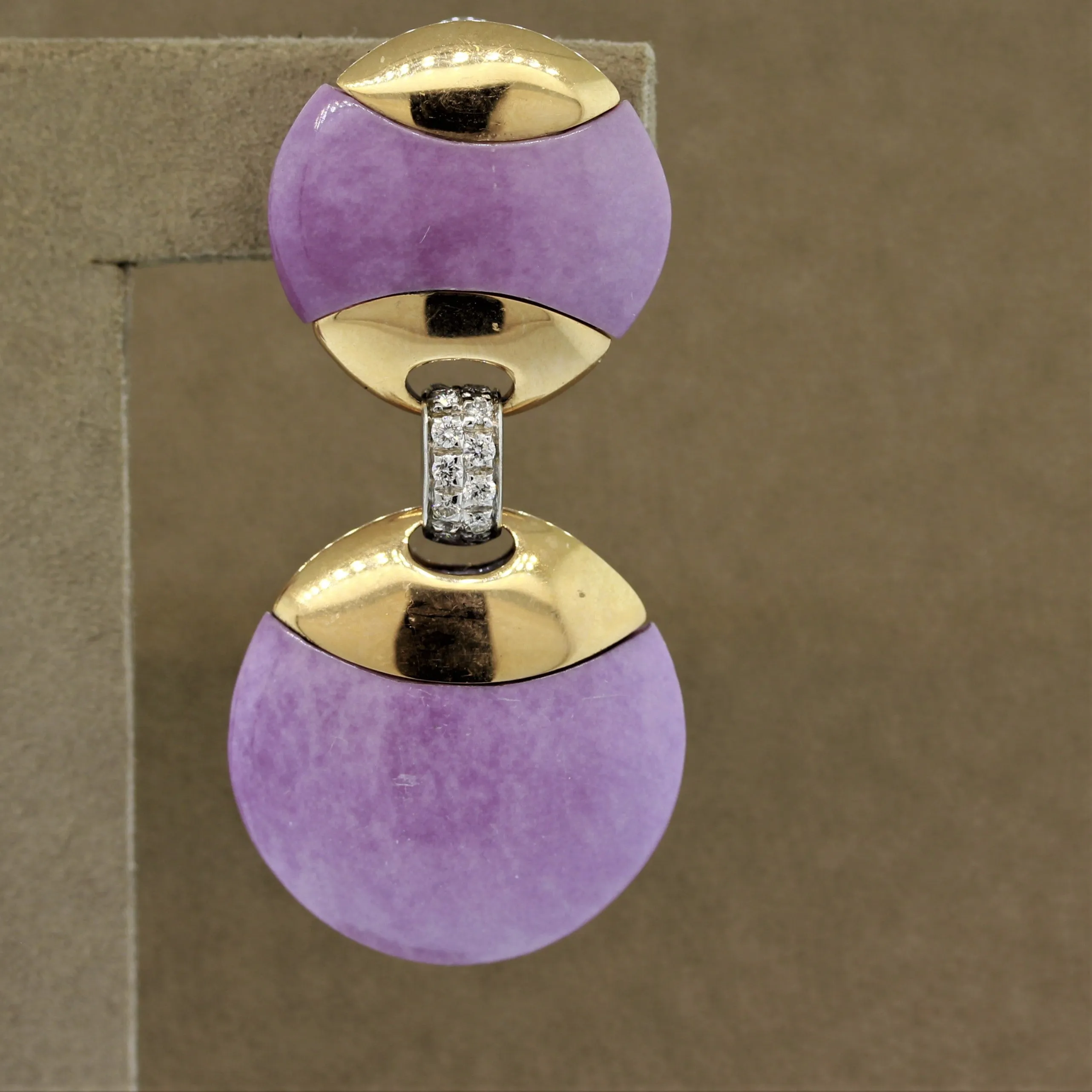 Lavender Jadeite Jade Diamond Gold Disc Drop Earrings