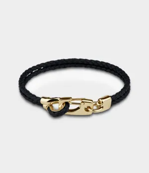 Leather Snap Twist Bracelet / 9 Carat Yellow Gold / Round Black Woven Leather