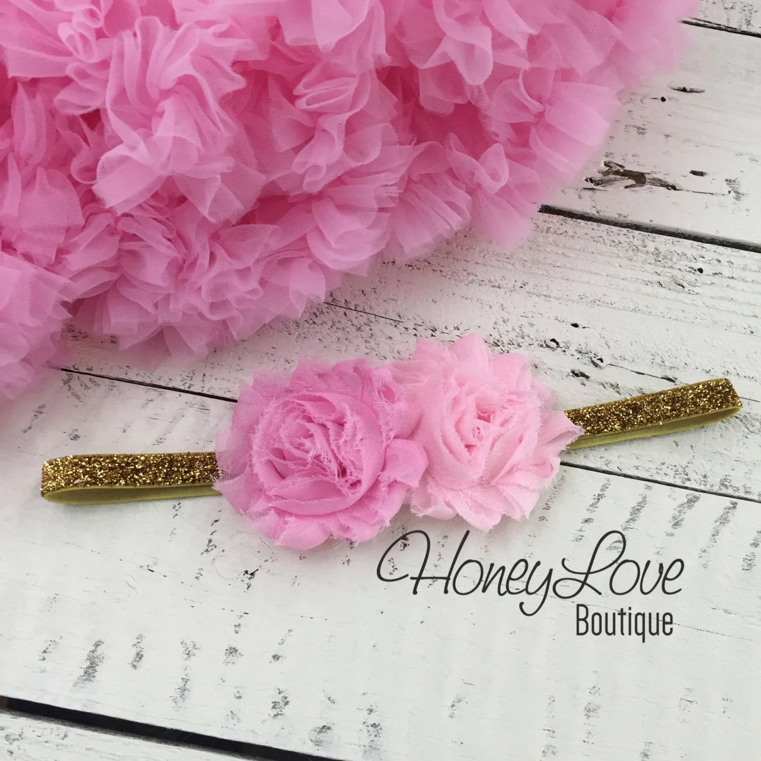 Light Pink double flower headband  - Gold or Silver glitter elastic