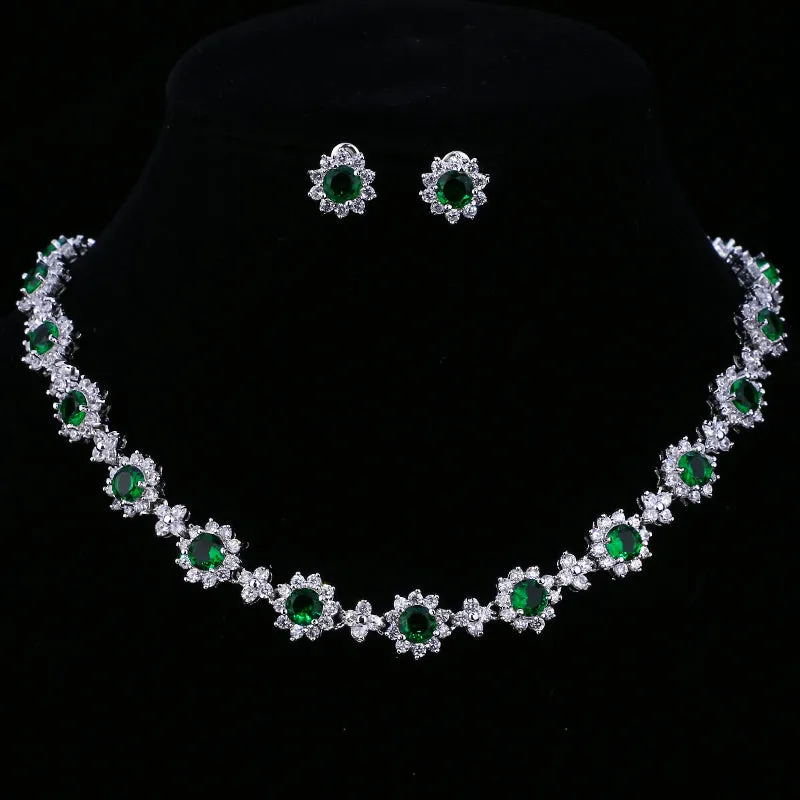 Luxury Colors Abound Cubic Zircon Crystal Bridal Jewelry Set with Necklace and Earrings