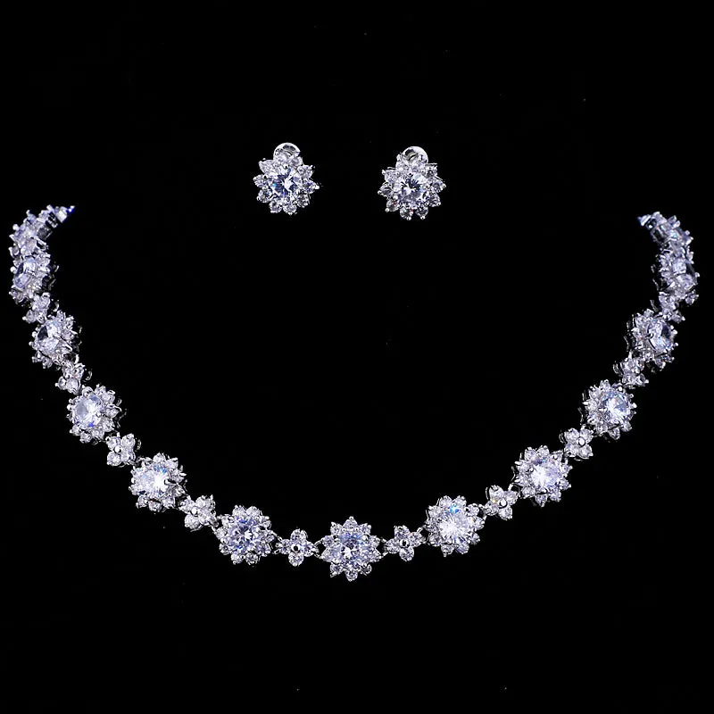 Luxury Colors Abound Cubic Zircon Crystal Bridal Jewelry Set with Necklace and Earrings