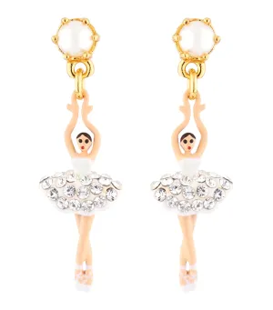 Mini Ballerina With Rhinestone And Pearl Stud Earrings White