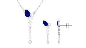 Minimal Created Blue Sapphire Dangle Necklace and Earrings Set with Diamond