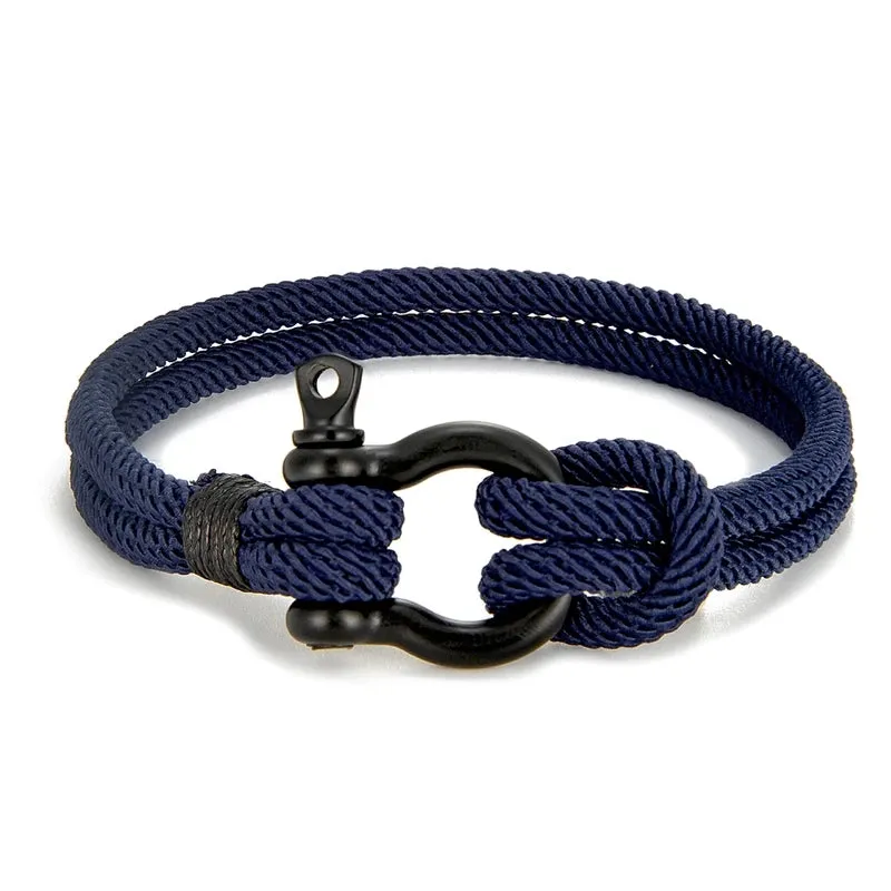 MKENDN Men Women Navy Blue Marine Sailor Rope Nautical Survival Shackle Bracelet Black Stainless Steel Wrap Metal Sport Hooks