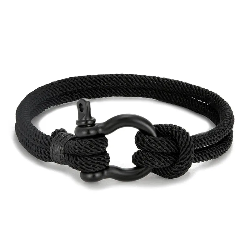 MKENDN Men Women Navy Blue Marine Sailor Rope Nautical Survival Shackle Bracelet Black Stainless Steel Wrap Metal Sport Hooks