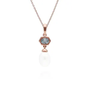 Moderne Perle & Aquamarin Hexagon Tropfen Anhänger in Rose Vergoldetem Sterling Silber