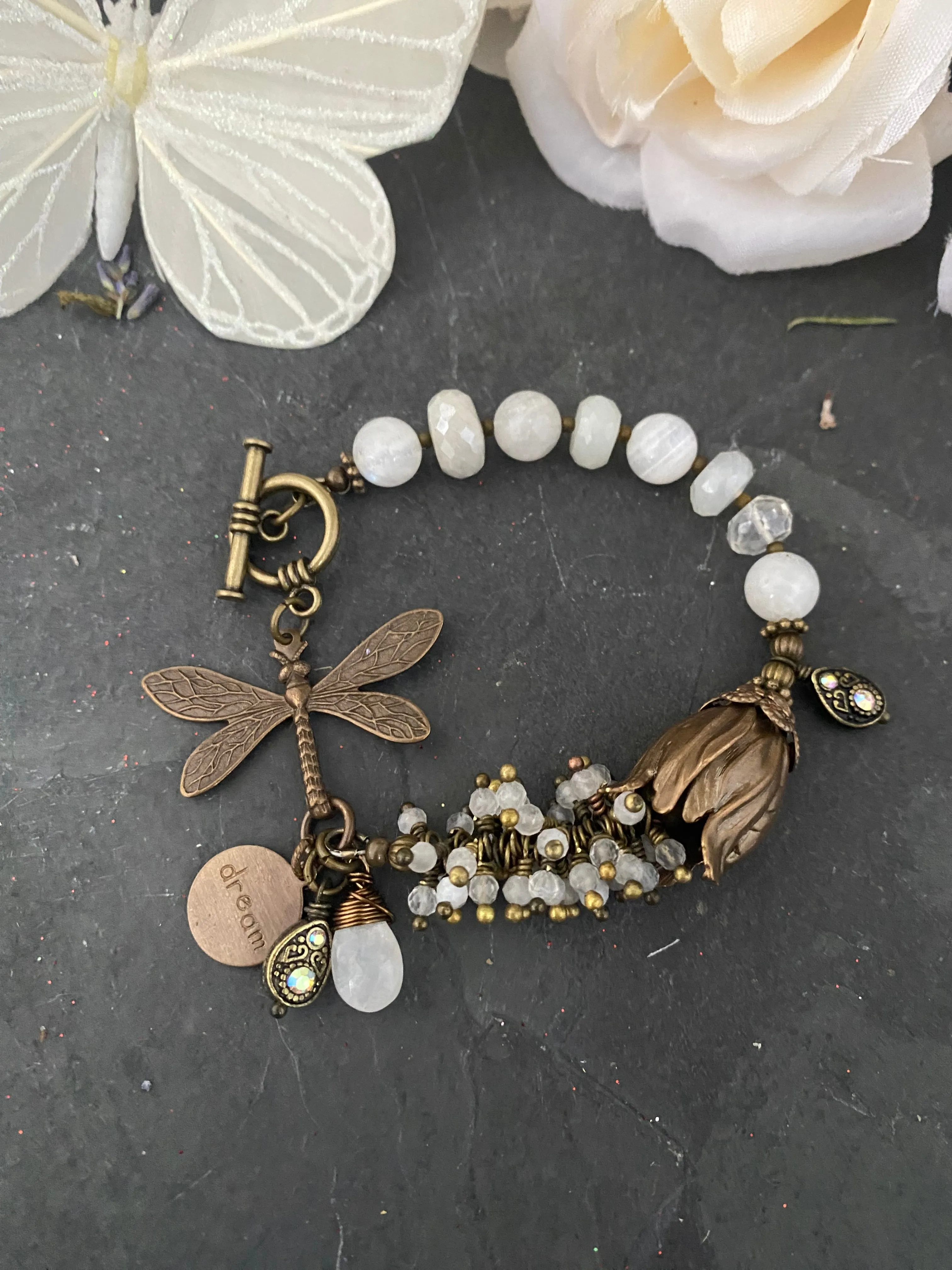 Moonstone, dragonfly, charm bracelet