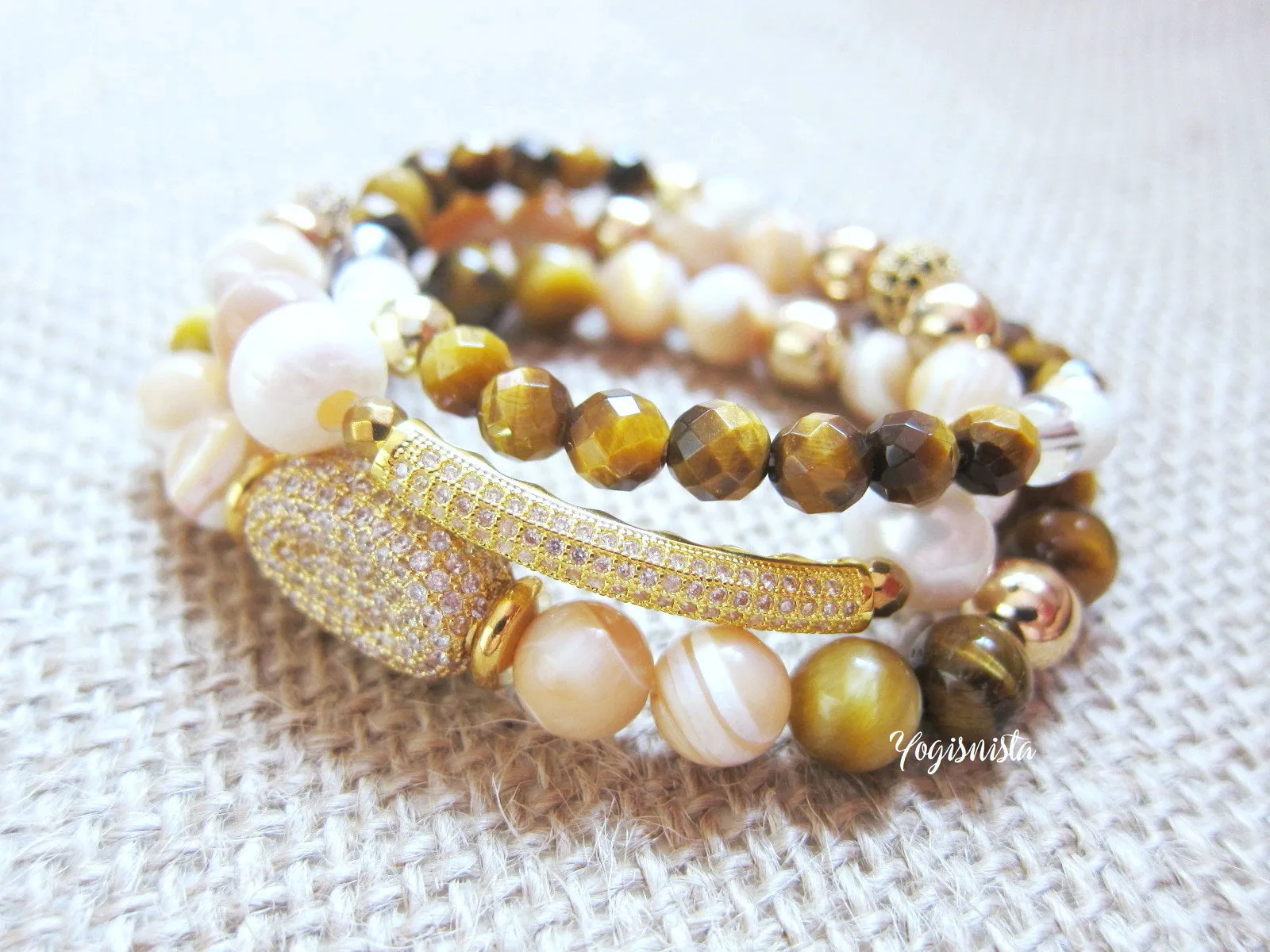 Mother of Pearl, Cat's Eye, Tiger Eye Energy Mala Bracelet