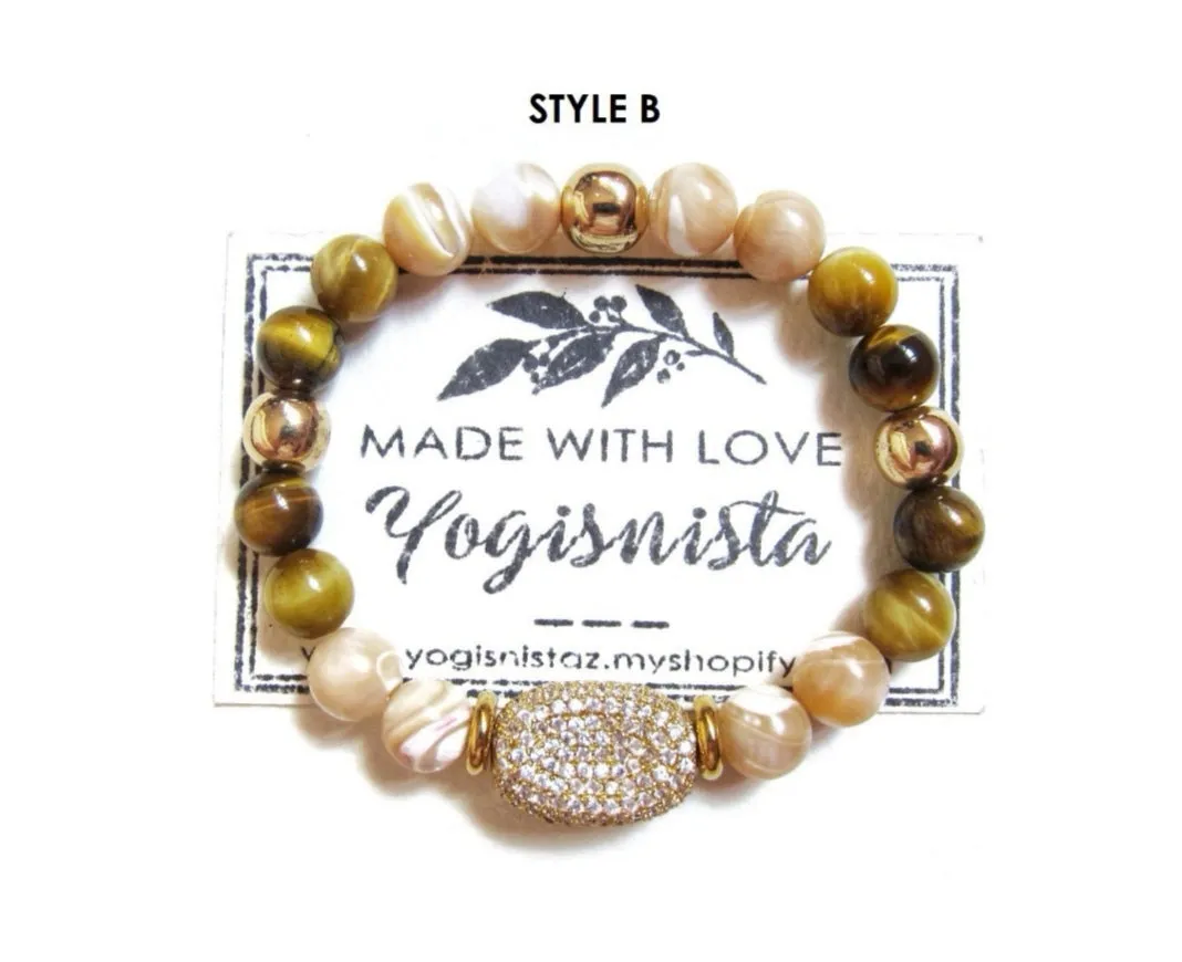 Mother of Pearl, Cat's Eye, Tiger Eye Energy Mala Bracelet