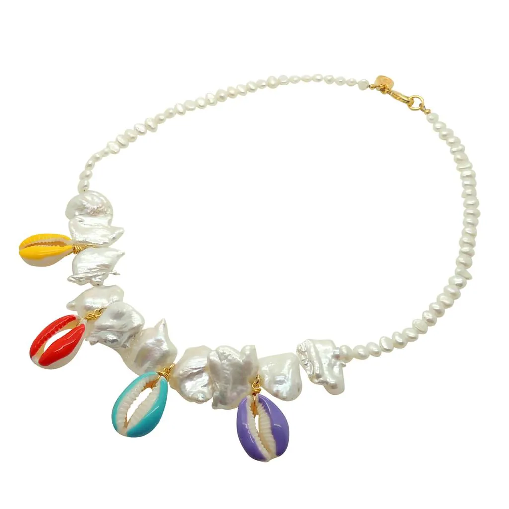 Multicolour Cowrie Shell Charm Freshwater Pearl Necklace