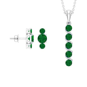 Natural Emerald Bar Pendant Necklace and Stud Earring Set