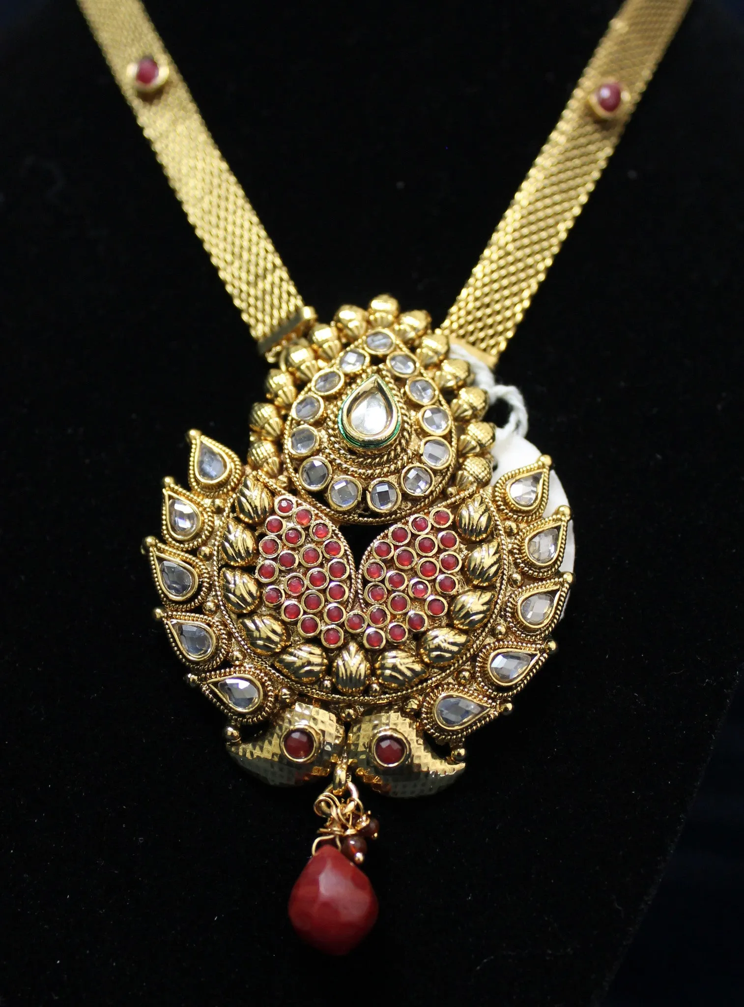 Necklace 4484 Golden Zircon Red Green Stones Indian Set Shieno Sarees