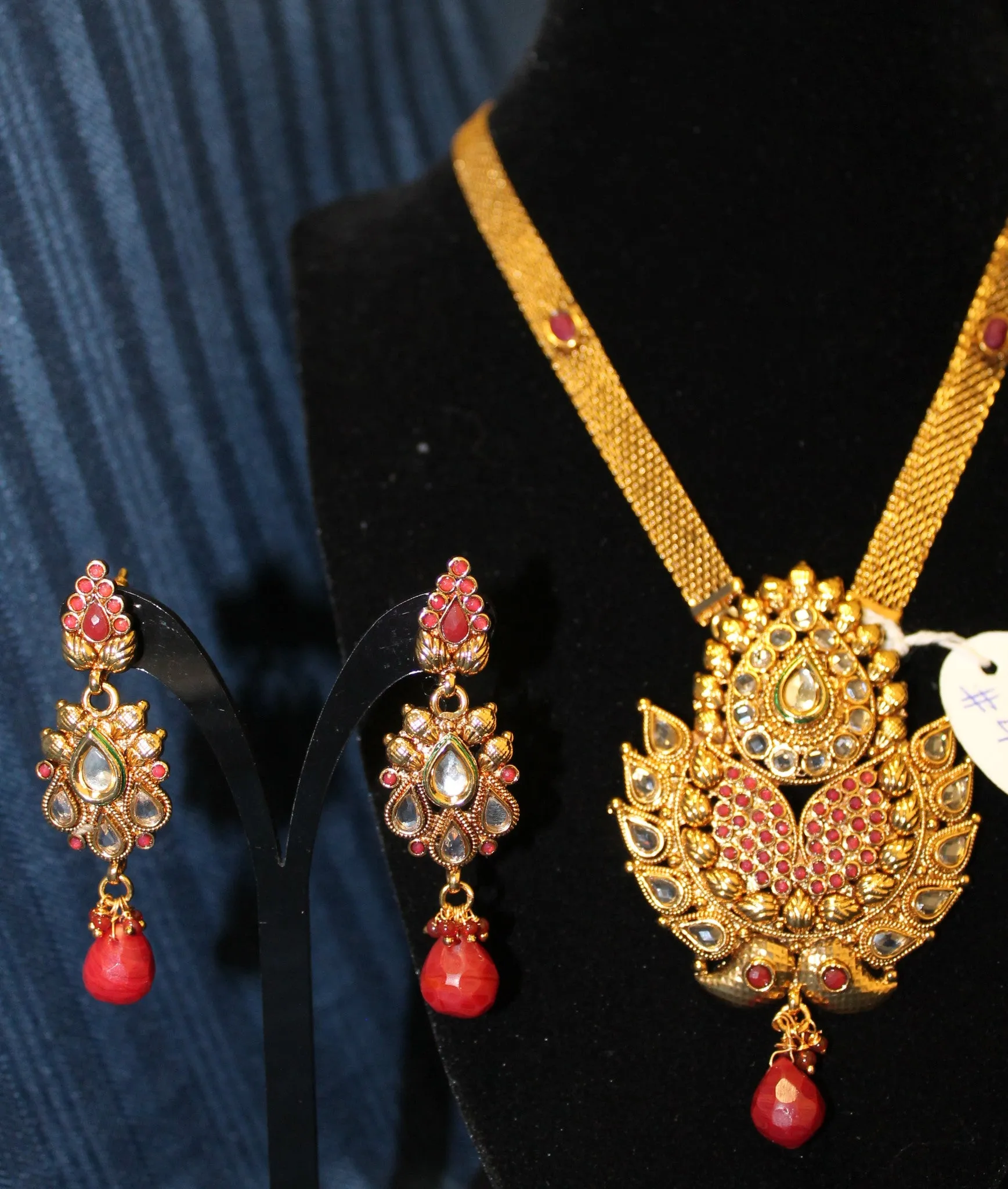 Necklace 4484 Golden Zircon Red Green Stones Indian Set Shieno Sarees