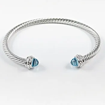 Nice Cable Wire Duo Aquamarine CZ Crystal Ends Brass Bangle